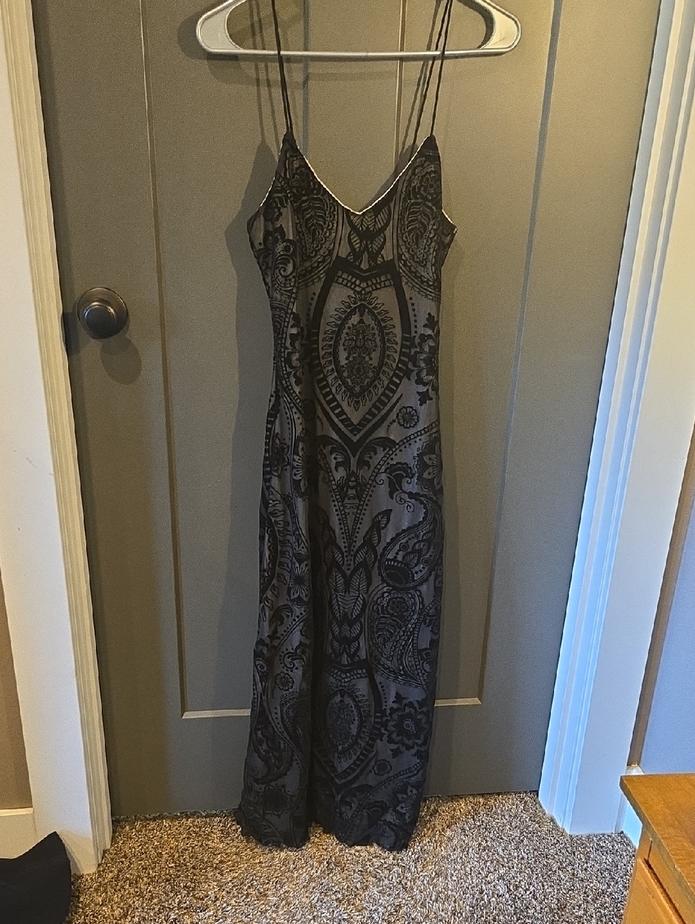 SHEIN Black Patterned Slip Maxi Dress with Lace-Look Overlay
